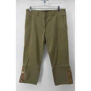 Tara Jarmon Olive Green Button Hem Cropped Pants Trousers Size 42 French Chic